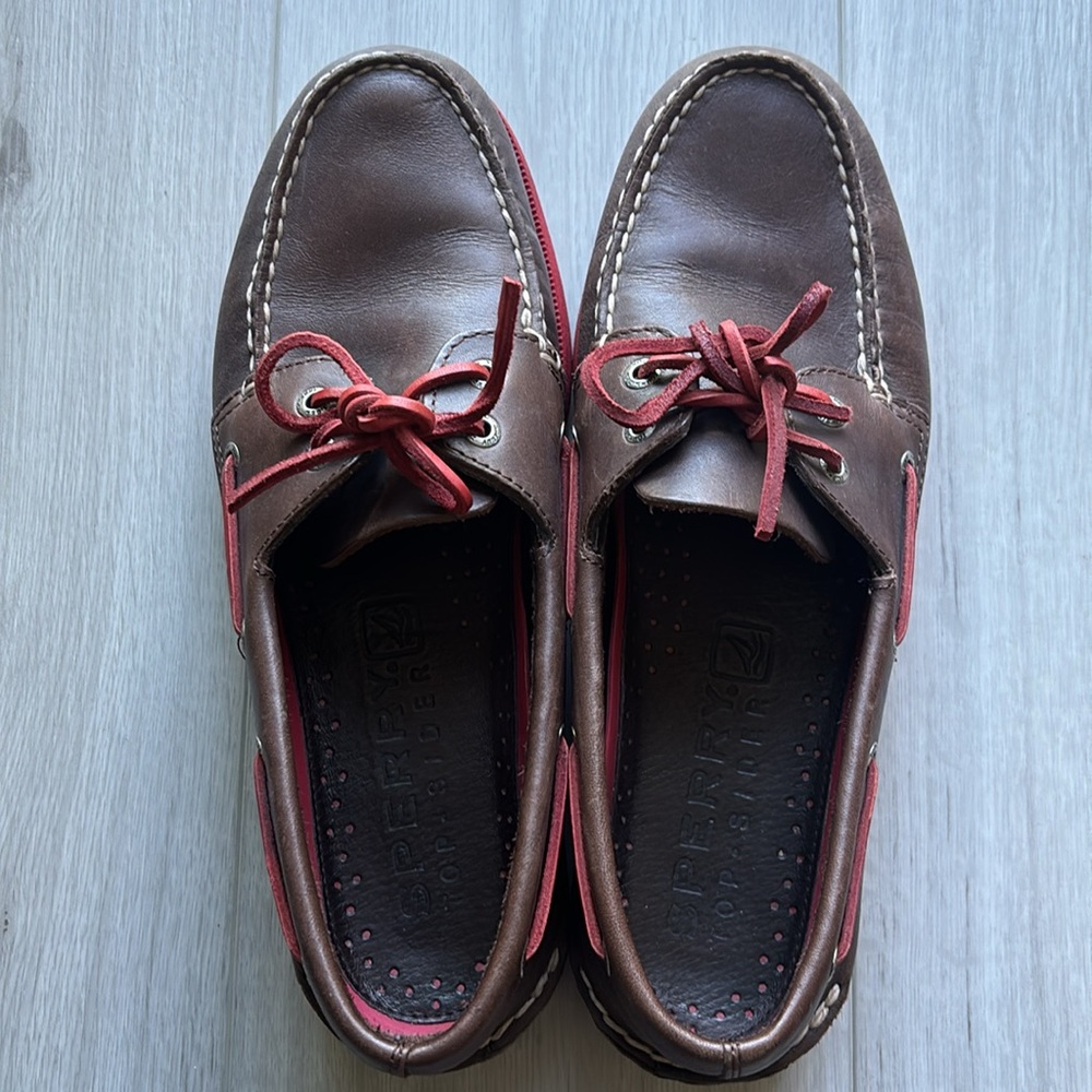 Sperry Top Sider Boat Shoes Leather Loafer Deck Dark Brown Red Sole Mens Size 10